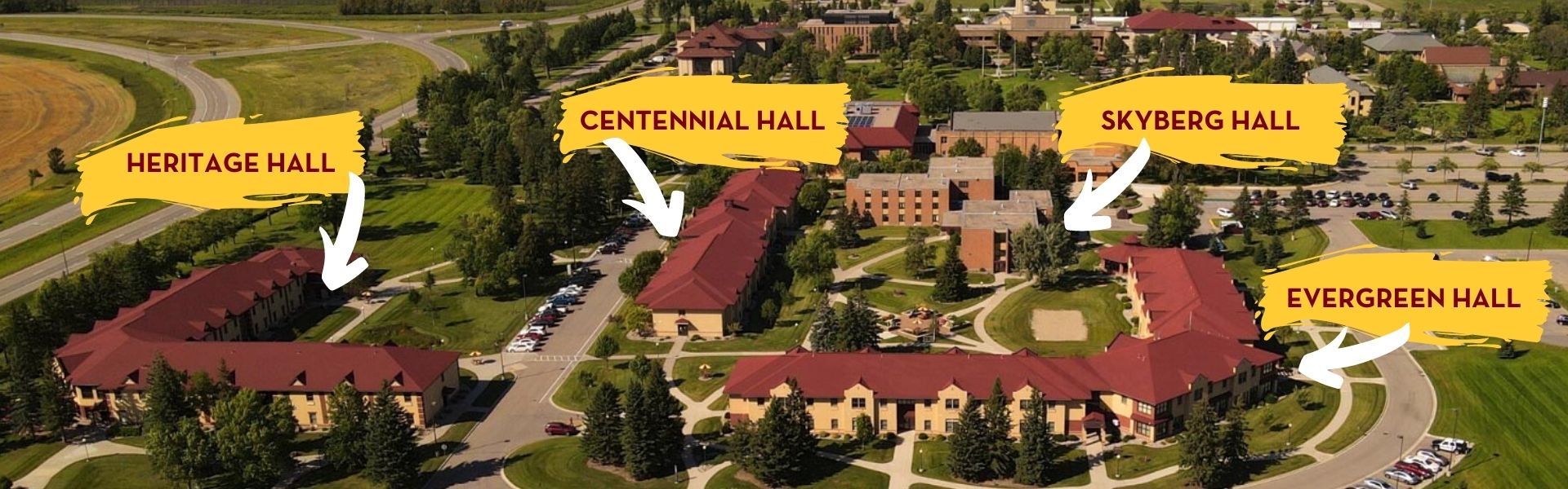 Aerial view of the south end of campus showing all the residence halls.