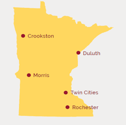Minnesota map showing the different campus locations
