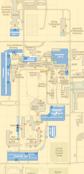 Campus map with parking lots highlighted in blue 