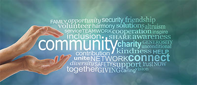 Word cloud with two hands holding the word "community"