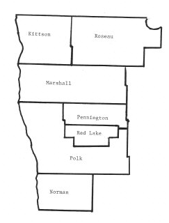 A map of RSVPs service area - Kittson, Roseau, Marshall, Pennington, Red Lake, Polk and Norman Counties of Northwest Minnesota