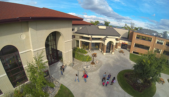 Birds eye view of Sargeant Student Center and Hill Hall