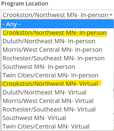 How to pick the program location in Youth Central. Scroll down to "Crookston/Northwest MN"