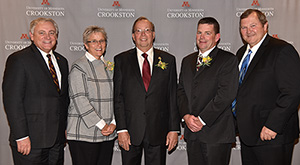 left to right, are Chancellor Fred Wood; Mary Jo Eastes 1979; Dick Hebert 1968; and Keith McNamara, president, Sugarbeet Research and Education Board; and Albert Sims, director of operations, Northwest Research and Outreach Center.