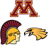 University of Minnesota Block M logo with Trojan and Golden Eagle logos