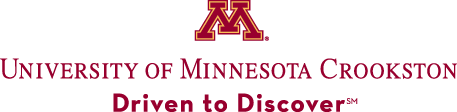 Full color University of Minnesota Crookston Block M, wordmark and Driven to Discover logo stacked horizontally