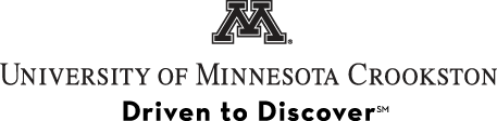 Black and White University of Minnesota Crookston Block M, wordmark and Driven to Discover logo stacked horizontally
