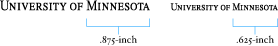 University of Minnesota wordmark showing Minnesota as .875 inch and .625 inch minimum size