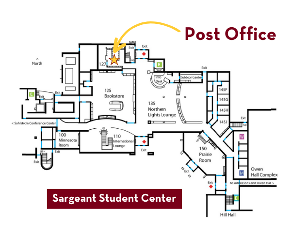 Crookston campus post office location on the north side of Sargeant Student Center, near the Information Desk and Northern Lights Lounge