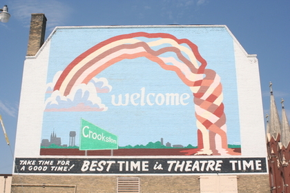 Welcome to Crookston mural on the back of the Grand Theater downtown Crookston, MN