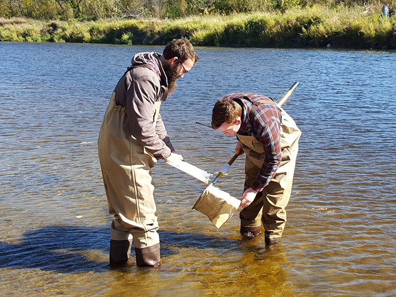 Two students in a shallow river taking readings during their research time