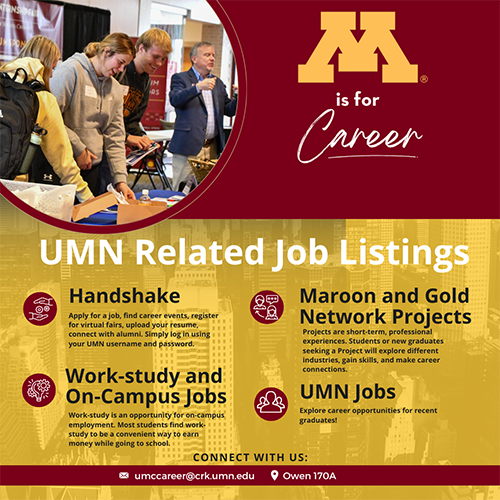 UMN Related Job Listings - Handshake, Work-study and on-campus jobs, UMN Jobs, Maroon and Gold Network Projects