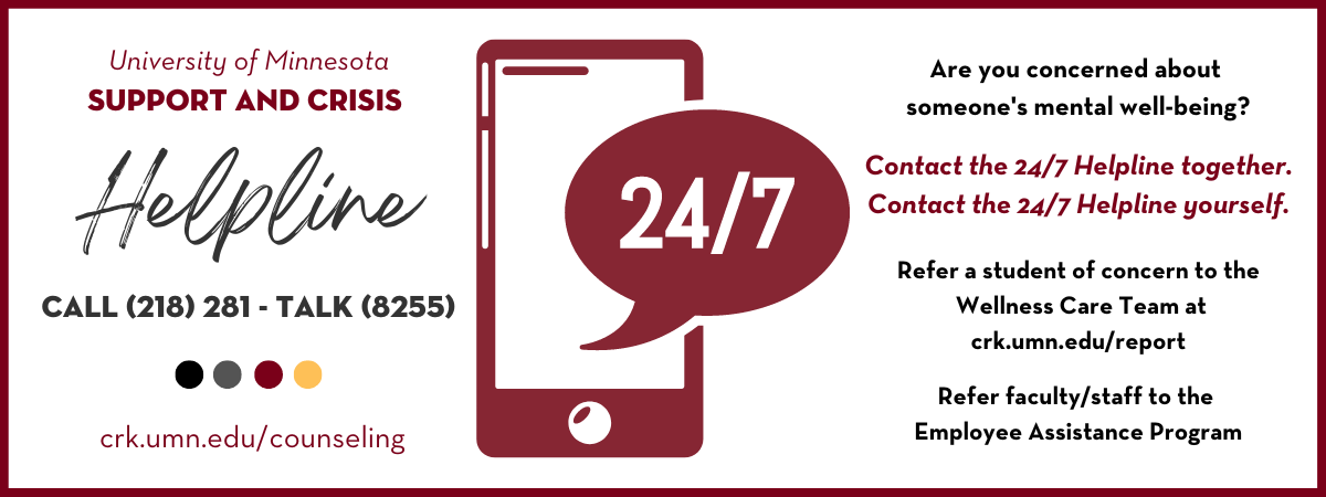 U of M 24/7 Support and Crisis Helpline Logo 218-281-8255