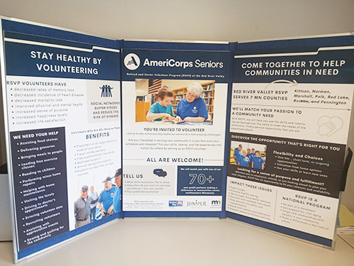 Tri-fold table top information board about AmeriCorps Seniors RSVP programs