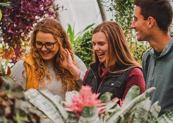 Three students in the greenhouse looking at the plants and smiling and laughing