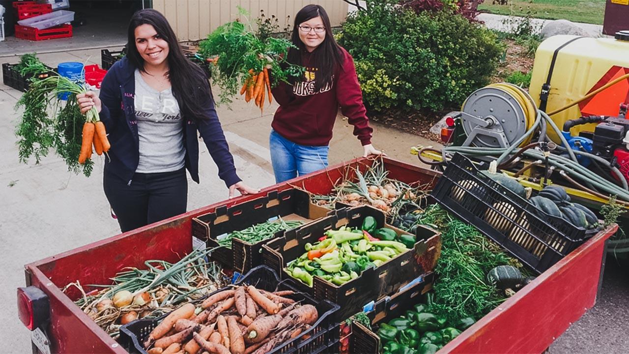 Two students with the harvest they got from the campus garden