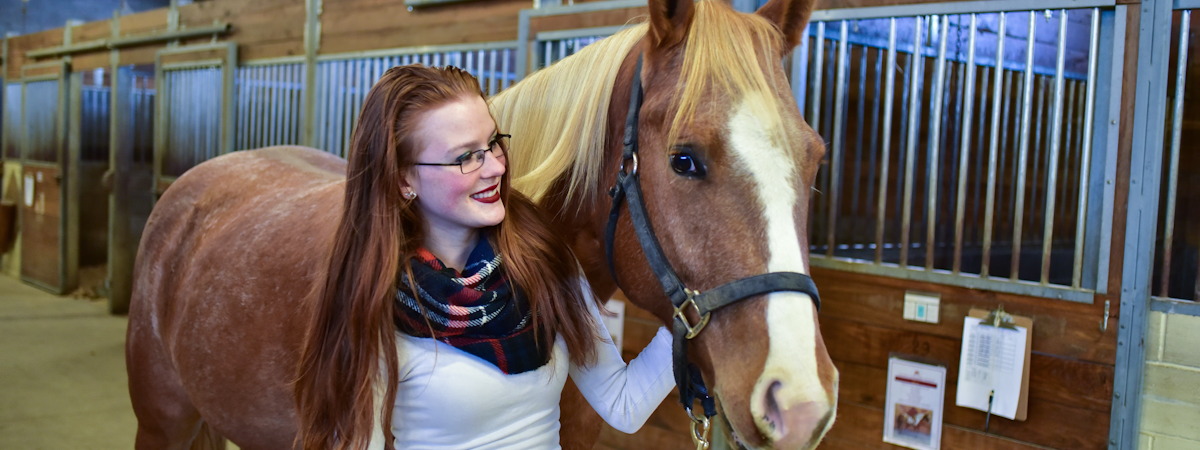 Student walking with a horse in the stables