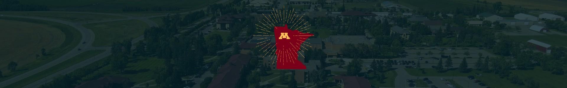 Aerial of UMN Crookston campus with a Minnesota and Block M logo overlay