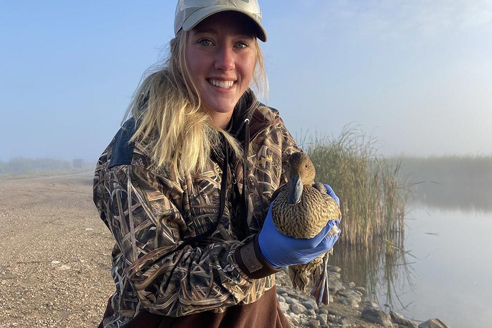 Female student holding a duck during duck banding exercise