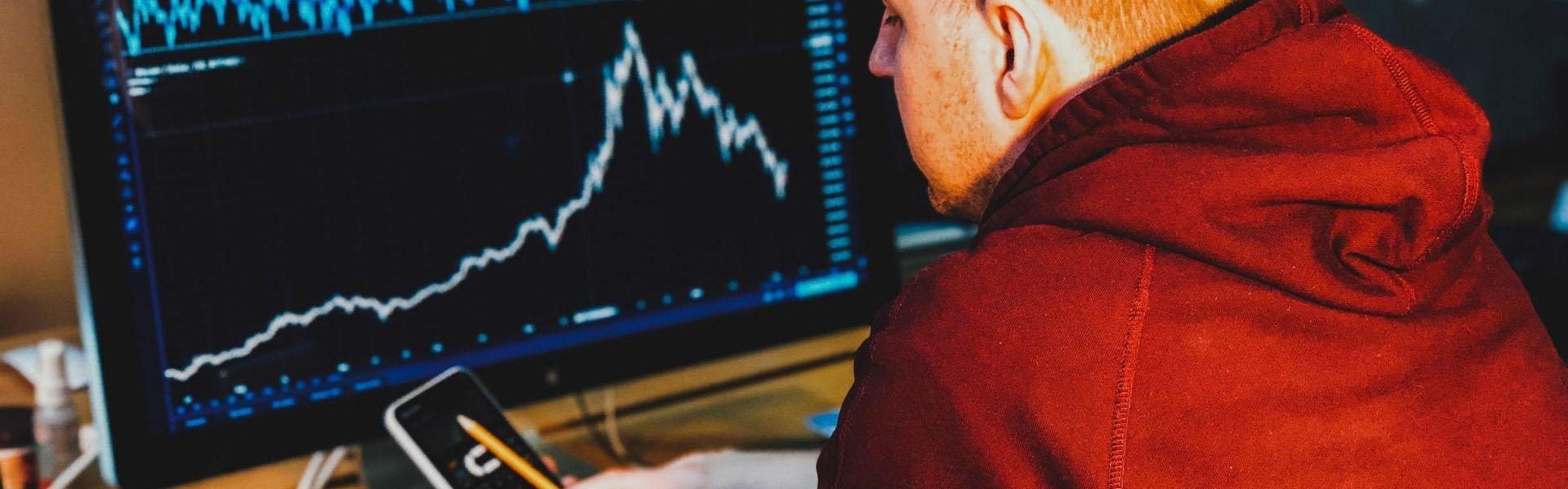 College student analyzing a graph on a computer screen. 