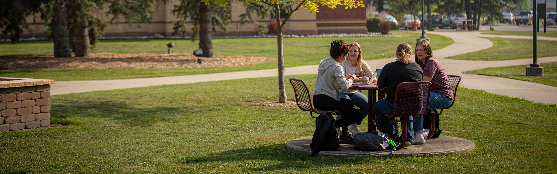 Group of students sitting a picnic table on the Campus Mall on a sunny day