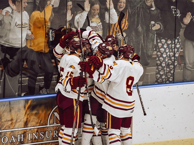 UMC Men's Hockey team celebrates a goal at home with the student section cheering and banging on the glass