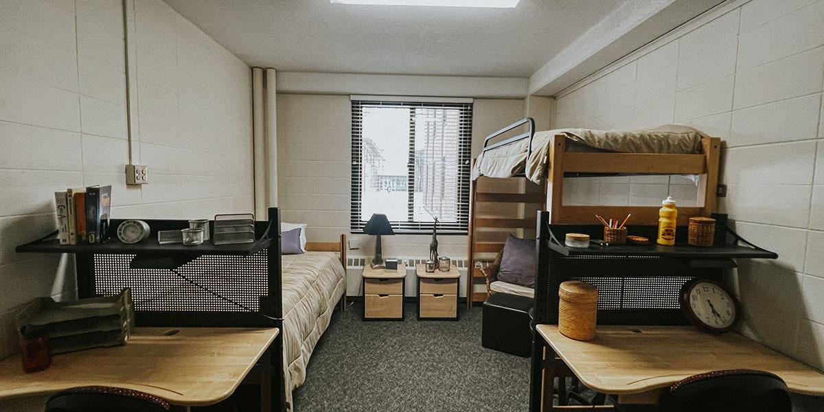 A photo of a dorm room in Skyberg Hall