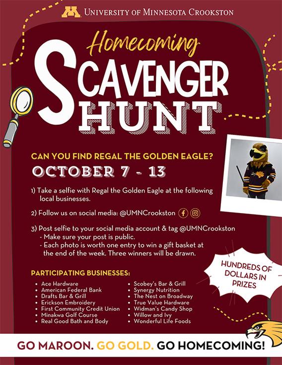 Homecoming Scavenger Hunt Poster - Can you find Regal the Eagle at one 14 businesses in Crookston? See poster for more information