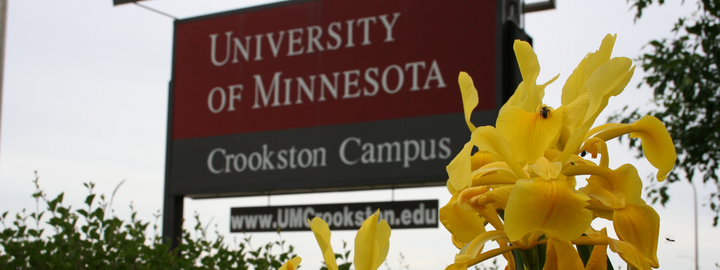 University of Minnesota Crookston sign along Highway 2, near the main campus mall entrance
