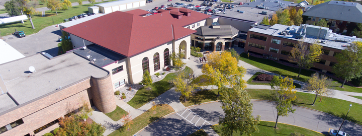 Aerial view of Sargeant Student Center with adjoined Prairie Room