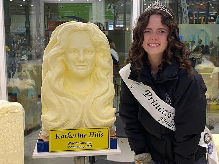 Katherine Hills and her butter sculpture at the Minnesota State Fair