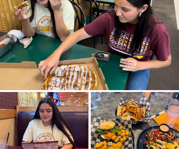 A collage featuring a women eating various foods. 