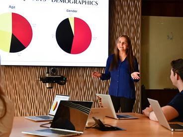 Female student giving a marketing demonstration in front of her peers in the Business Board Room