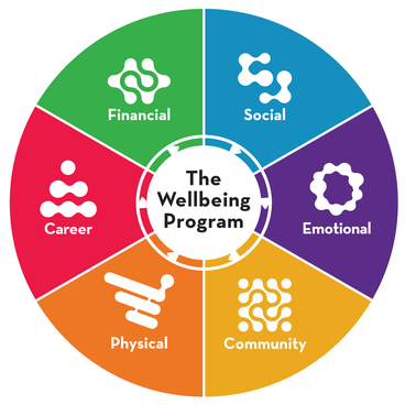 The Wellbeing Program wheel diagram - parts of the wheel say - social, emotional, community, physical, career, and financial